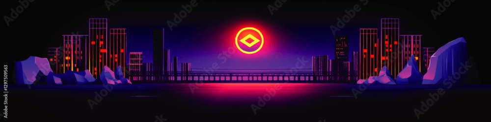 Fototapeta premium Vibrant Cyberpunk Cityscape with Neon Sunset and Futuristic Architecture Reflecting in Dystopian Urban Waterfront with Icy Terrain Vector Art