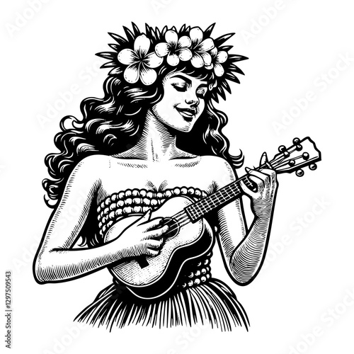 Hula dancer while play ukulele sketch engraving black and white outline. Scratch board imitation.