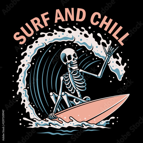 Skeleton surfer enjoying the waves. Perfect for summer and beach themes