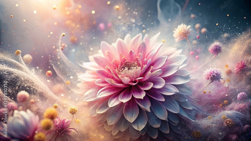 A Delicate Pink Bloom Suspended in a Whimsical Cloud of Pastel Dust and Sparkling Particles A Delicate Pink Bloom Suspended in a Whimsical Cloud of Pastel Dust and Sparkling Particles