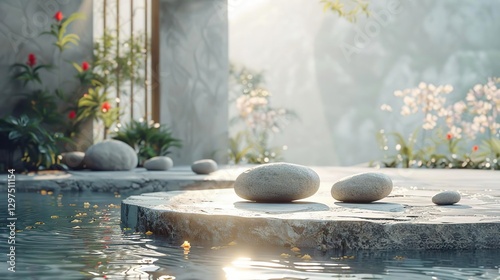 rocks sitting on a stone platform in a pool