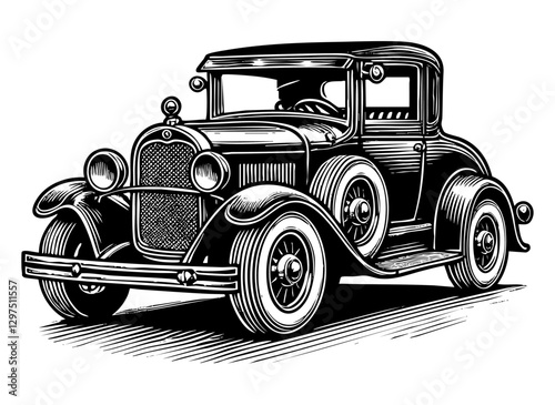 Vintage car engraving black and white outline. Scratch board imitation.  illustrated in vintage line art style on a white background.
