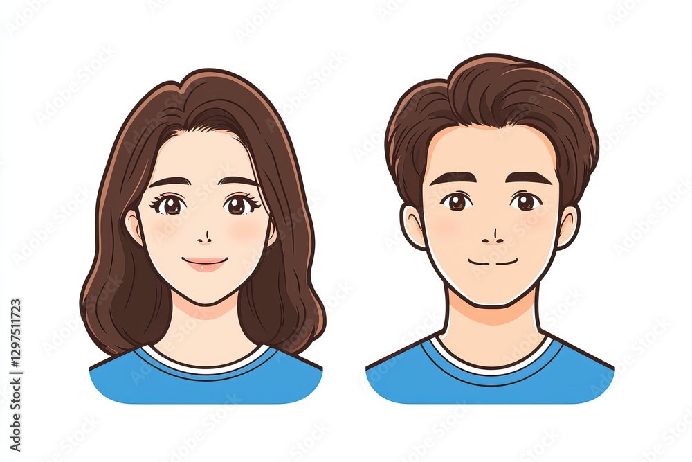 Illustration of a young woman and man with shoulder-length brown hair, wearing light blue shirts, smiling gently. Illustration of a young woman and man with shoulder-length brown hair, wearing light blue shirts, smiling gently.
