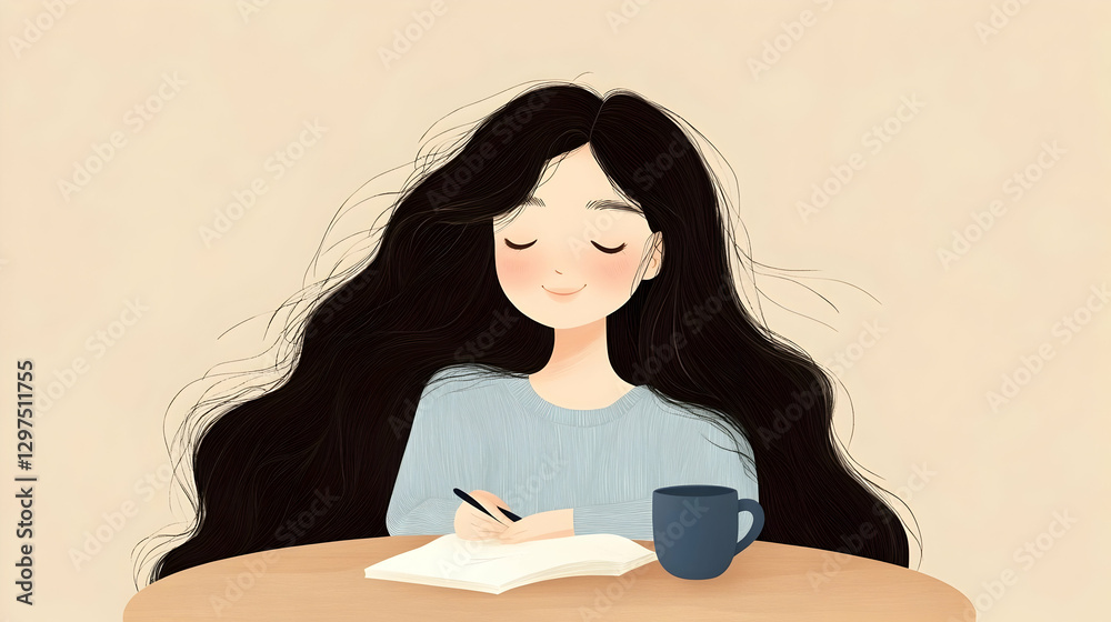 Young Woman with Long Hair Writing in Notebook While Enjoying Tea or Coffee at a Table Young Woman with Long Hair Writing in Notebook While Enjoying Tea or Coffee at a Table