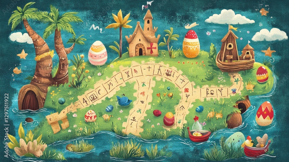Obraz premium Fun Easter greeting card for kids with a treasure map leading to hidden Easter eggs and playful illustrations.