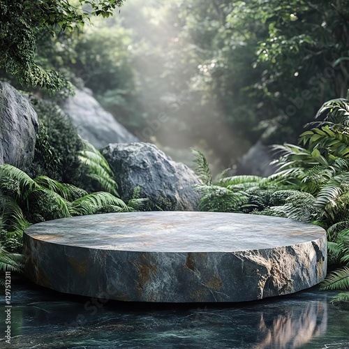 a large stone slab in the middle of forest