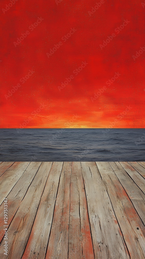 Red Sunset Over Dark Ocean with Wooden Dock Red Sunset Over Dark Ocean with Wooden Dock