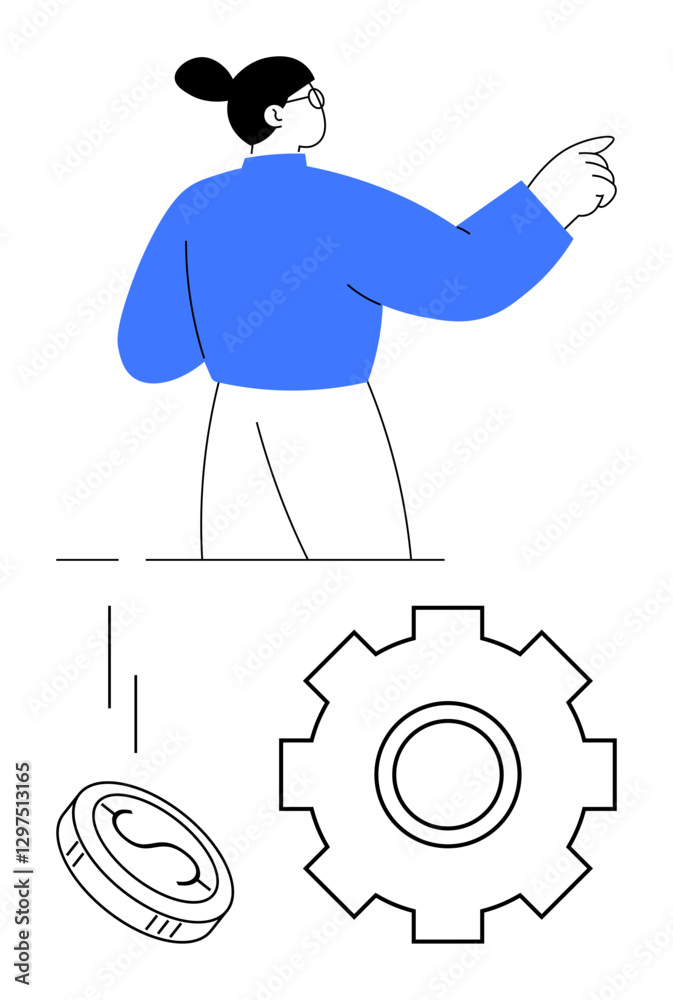 Fototapeta premium Woman gesturing towards large gear and falling coin, representing progress, teamwork, productivity, finance, investment, problem-solving, and innovation. Ideal for modern workflow abstract line flat