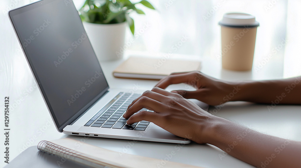 Close-up of hands typing on a sleek laptop in a minimalist workspace with natural light Close-up of hands typing on a sleek laptop in a minimalist workspace with natural light