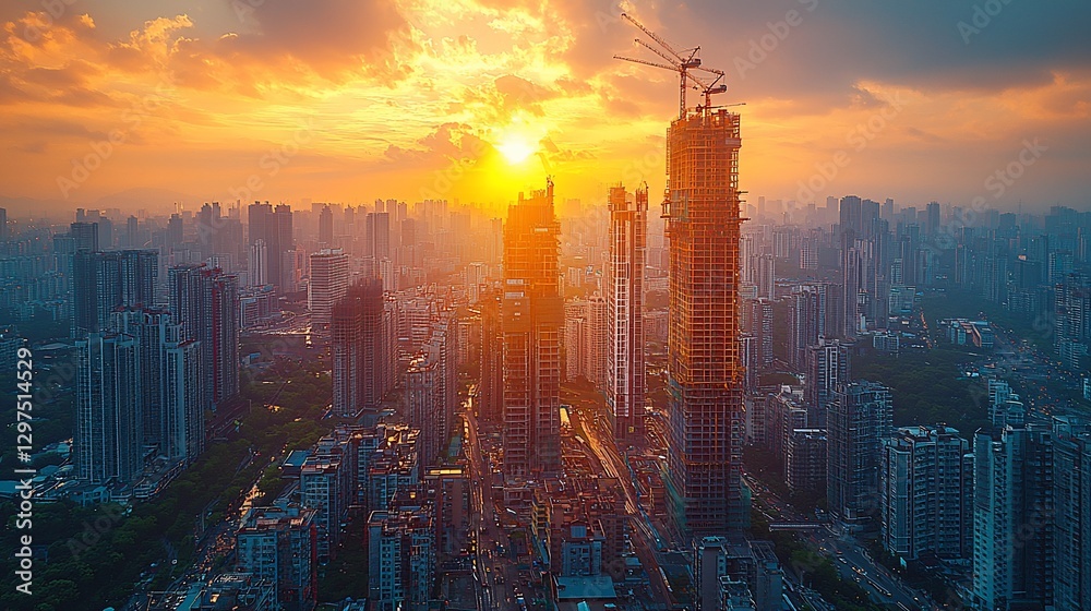 Fototapeta premium Sunset cityscape with skyscrapers under construction.