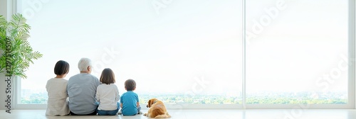 Multigenerational family with a dog sits by a large window overlooking a cityscape.