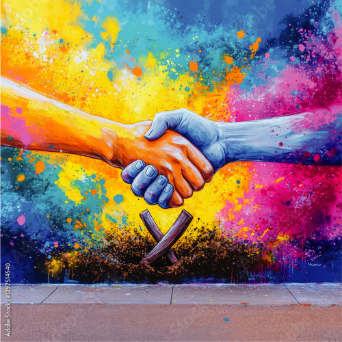 Vibrant Handshake Vector Art Symbolizing Unity and Diversity with Colorful Paint Splashes and Wooden Crosses for Peace, Collaboration, and Community Bonding