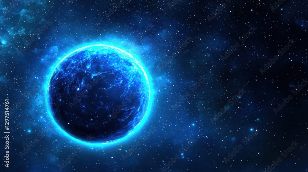 Obraz premium A glowing blue planet is surrounded by a starry cosmos, showcasing vibrant colors and a mystical atmosphere in the vastness of space.