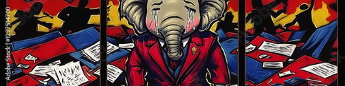 Elephant in Suit Surrounded by Chaotic Papers: Symbolic Vector Art of Political Unrest with Dramatic Silhouettes and Vibrant Background – Surreal Imagery Explored