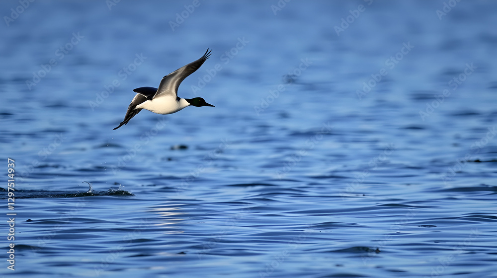 Silhouette of Bufflehead Duck Taking Flight from Lake, Alaska Silhouette of Bufflehead Duck Taking Flight from Lake, Alaska