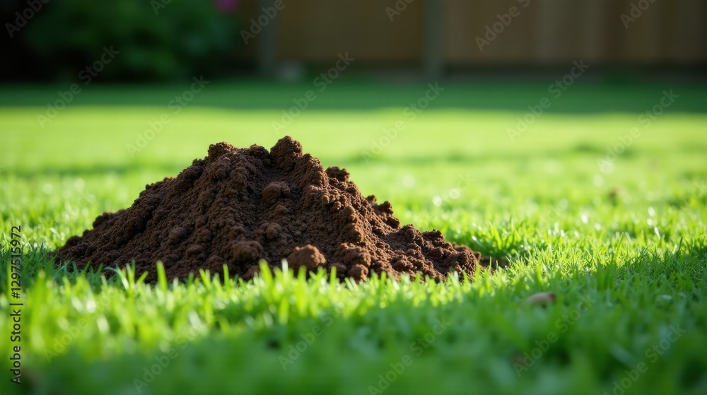 A Mound of Dark Soil Resting Gently on Vibrant Green Grass in a Lush Lawn A Mound of Dark Soil Resting Gently on Vibrant Green Grass in a Lush Lawn