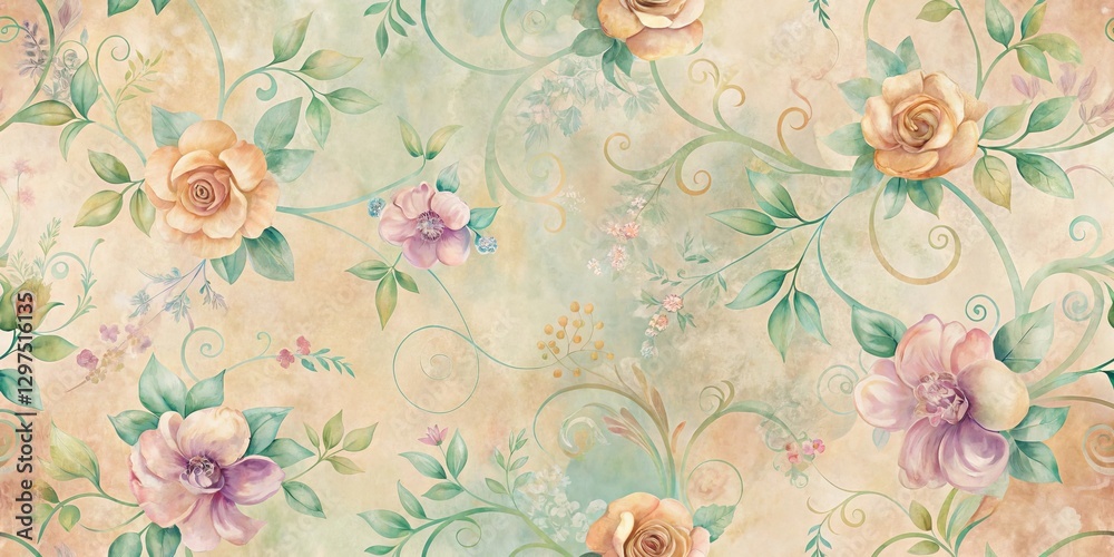 Obraz premium Elegant Floral Design Featuring Pastel Roses and Delicate Vines on a Soft Beige Background