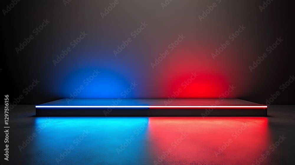 Obraz premium Neon-lit platform, red and blue, dark background, product display