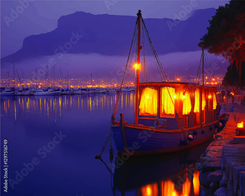 "Enchanted Evening Harbor Scene in Vector Art with Illuminated Boat; Scenic Twilight Sky and Reflected Harbor Lights Creating a Captivating Coastal Atmosphere"