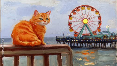 Artistic Orange Cat on Pier Balustrade with Ferris Wheel and Ocean View in Vibrant Painting Style for Creative and Whimsical Decorative Art