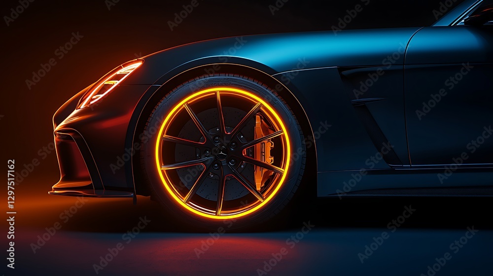Sleek sports car, illuminated wheel, dark background, automotive advertising