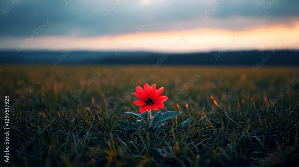 Lone red flower sunset field nature landscape Lone red flower sunset field nature landscape