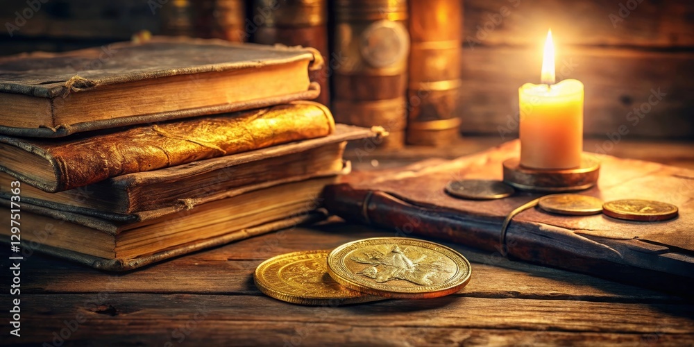 Illuminated Antiquity A Stack of Aged Books, Golden Coins, and a Burning Candle Resting on a Rustic Wooden Table Illuminated Antiquity A Stack of Aged Books, Golden Coins, and a Burning Candle Resting on a Rustic Wooden Table