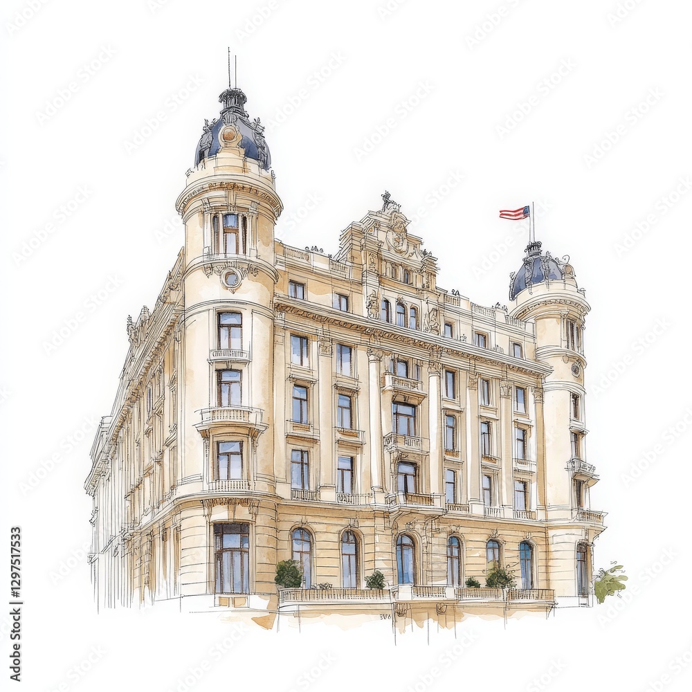 Historic European building with intricate architectural details ornate balconies and elegant facade representing classical design and cultural heritage in urban cityscape Historic European building with intricate architectural details ornate balconies and elegant facade representing classical design and cultural heritage in urban cityscape