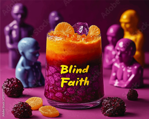 Vibrant Fruit Drink with Tangerine and Blackberry Surrounded by Abstract Statues in a Modern Art Style - Unique Conceptual Beverage Design "Blind Faith"