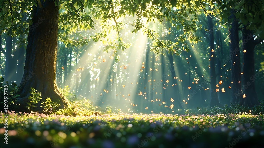 Obraz premium Breathtaking nature scene sunlight through trees and colorful flora in a forest environment
