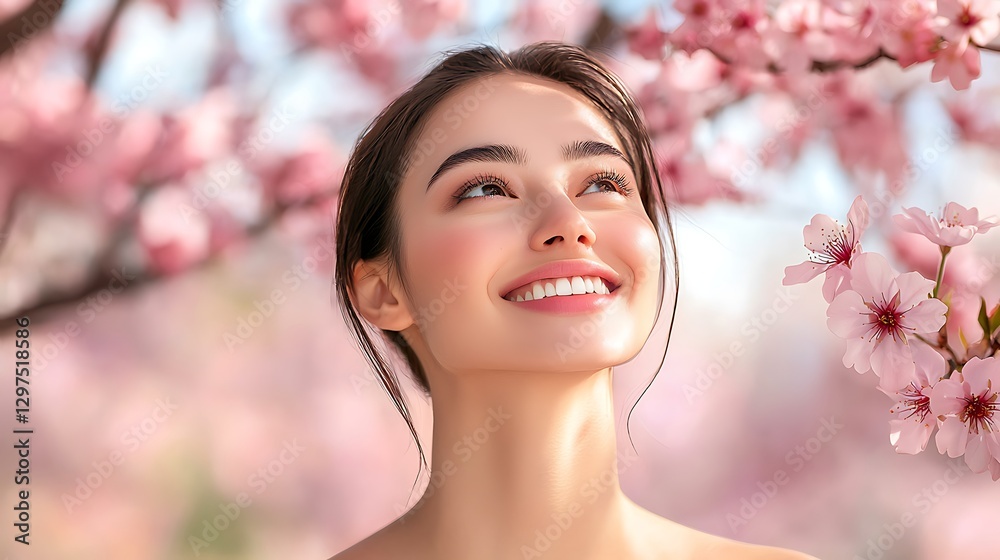 Woman smiles, cherry blossoms, spring, outdoor, beauty Woman smiles, cherry blossoms, spring, outdoor, beauty