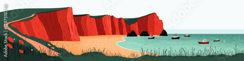 Stunning Coastal Cliffs Vector Art: Red Rock Formations, Sandy Beach, Fishing Boats, Tranquil Sea, Wildflowers, Lush Greenery, Perfect for Beach Decor