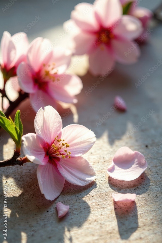 Fototapeta premium Delicate Pink Blossoms Illuminated by Sunlight, Gently Falling Petals on a Textured Surface
