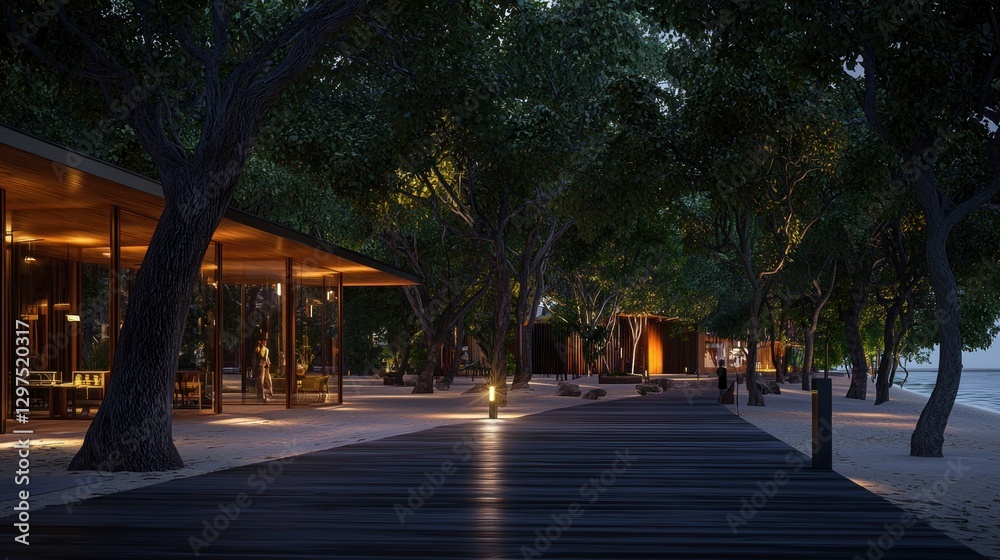 Tranquil evening stroll along a beachfront pathway lined with illuminated trees and cozy cabins Tranquil evening stroll along a beachfront pathway lined with illuminated trees and cozy cabins