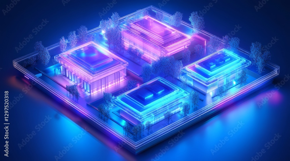 A vibrant, futuristic urban district glows at night with skyscrapers and illuminated trees, depicted isometrically to showcase its modern charm and captivating atmosphere of life and innovation A vibrant, futuristic urban district glows at night with skyscrapers and illuminated trees, depicted isometrically to showcase its modern charm and captivating atmosphere of life and innovation