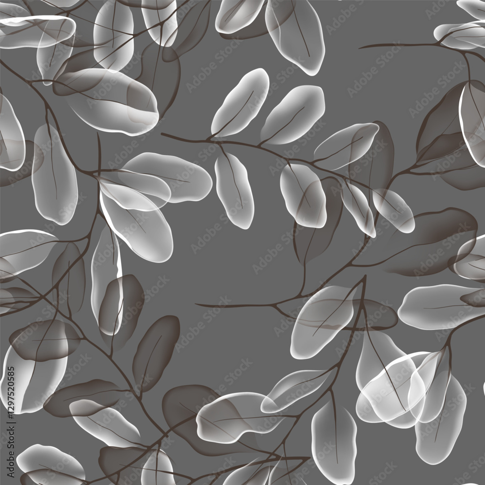 Fototapeta premium Floral seamless pattern features translucent eucalyptus leaves in varying shades of grey and white on a dark gray background, creating a light and airy design