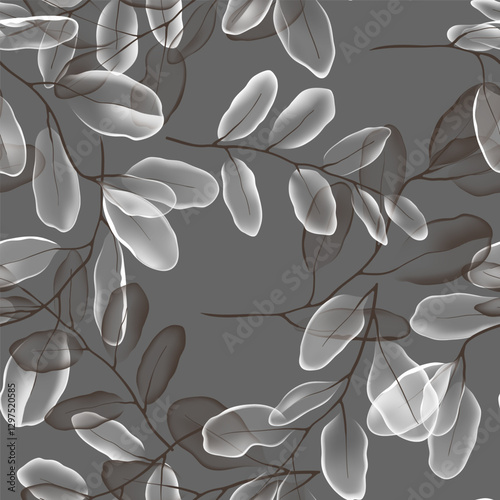 Floral seamless pattern features translucent eucalyptus leaves in varying shades of grey and white on a dark gray background, creating a light and airy design