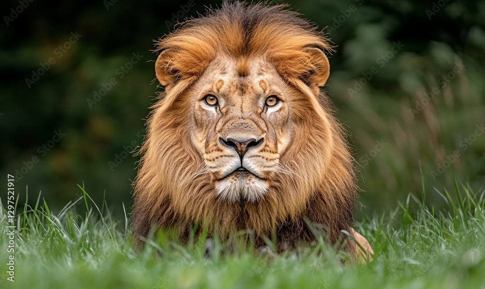 Majestic male lion, grassland stare, wildlife portrait Majestic male lion, grassland stare, wildlife portrait