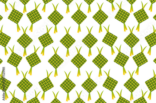 Seamless pattern of typical Eid ketupat motif, decorated with decorative elements such as stars and small yellow and orange flowers. Perfect for Eid greeting cards and Ramadhan themes.