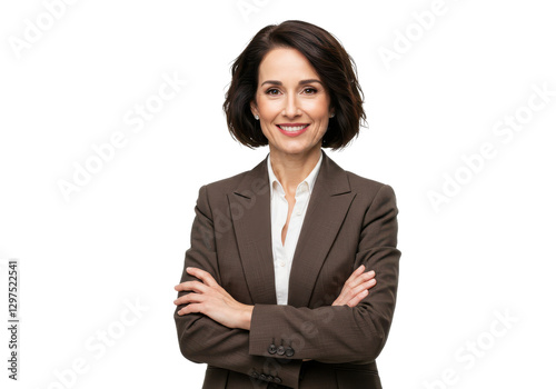 Portrait of middle age businesswoman wear brown suit and crossed arm pose isolated on transparent, White background