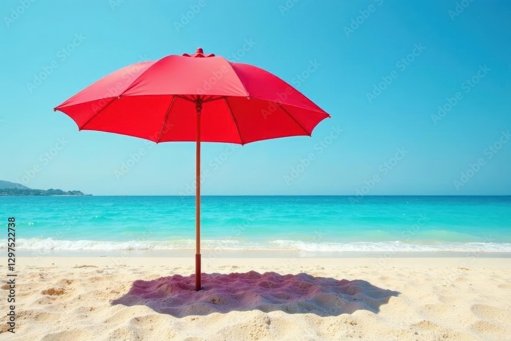 Red umbrella canopy on a sandy beach, creating a striking visual , sea, serene Red umbrella canopy on a sandy beach, creating a striking visual , sea, serene