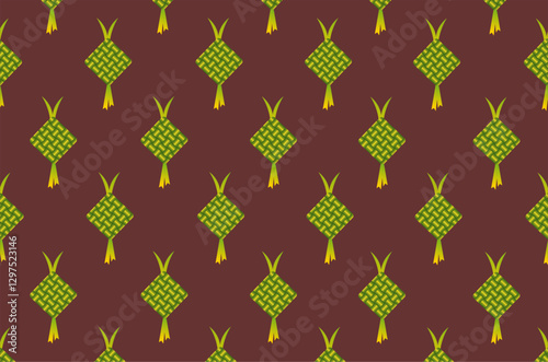 Seamless pattern of typical Eid ketupat motif, decorated with decorative elements such as stars and small yellow and orange flowers. Perfect for Eid greeting cards and Ramadhan themes.