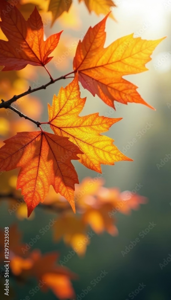 Vibrant autumn leaves sway gently on a branch , background, landscape, park Vibrant autumn leaves sway gently on a branch , background, landscape, park