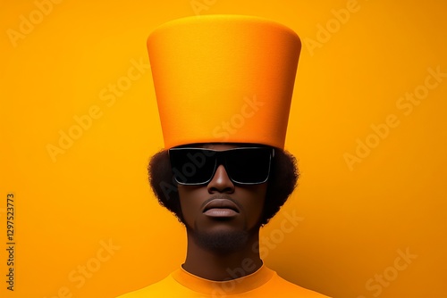 Fashion model wearing oversized yellow hat and black sunglasses against bold yellow background creating an avant garde stylish portrait emphasizing high fashion minimalism and conceptual elegance