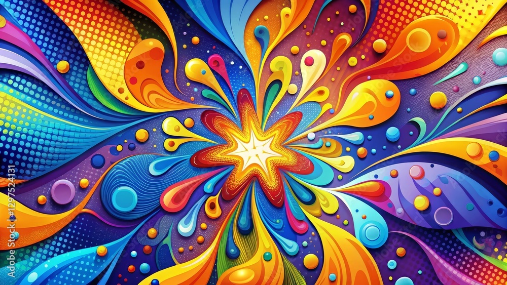 Vibrant Abstract Artwork Featuring a Central Starburst Surrounded by Dynamic Colorful Splashes and Swirls, Dotted Patterns, and Organic Shapes