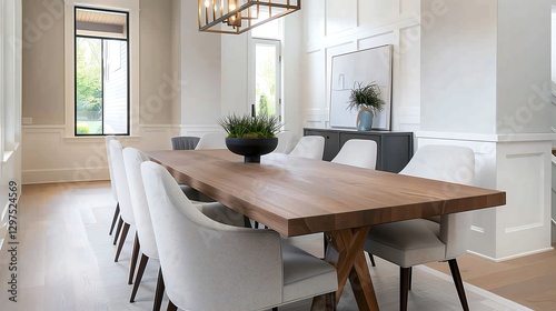 A transitional-style dining room blending traditional and modern elements, with a wooden table, upholstered chairs, and a contemporary chandelier