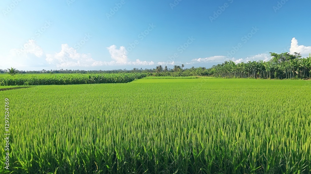 Serene Green Rice Paddy Field Under a Summer Sky Serene Green Rice Paddy Field Under a Summer Sky