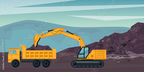 Excavator loading dump truck with garbage or ground. Construction site, mining quarry or landfill with yellow heavy machinery and soil heaps. Earthworks concept. Flat or cartoon vector landscape.