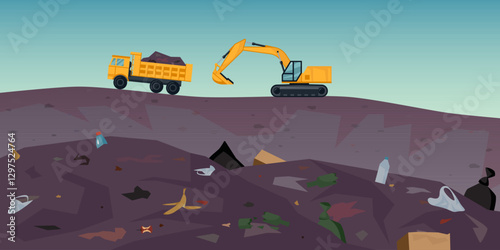 Landfill concept. Dump truck with excavator standing on pile of garbage. Waste heap with plastic, glass, paper and organic trash. Environmental flat or cartoon vector landscape. Polluted junkyard.