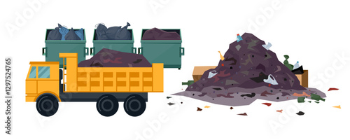 Dump truck with garbage driving past trash pile and dumpsters full of waste. Junkyard concept. Heap with organic, plastic, glass, paper rubbish. Environmental flat or cartoon vector landscape.